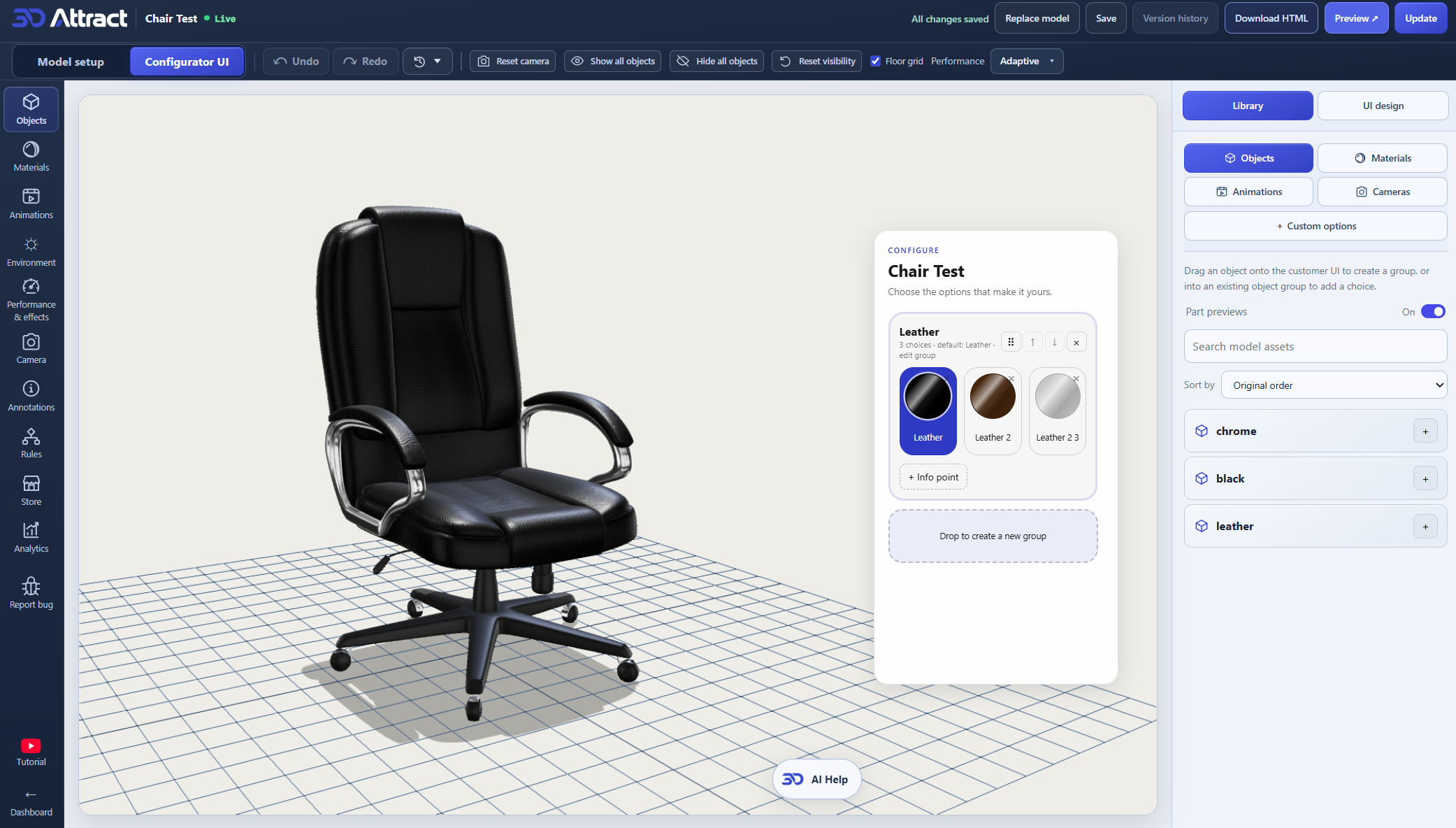 3D Attract Studio configuring a black leather office chair, with leather finish choices, object library and editor tools.