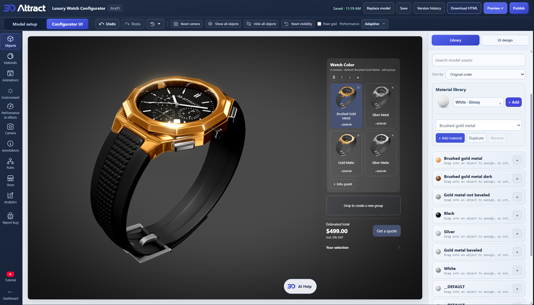 Attract Studio editing a luxury watch configurator with gold and silver finish options and the material library.