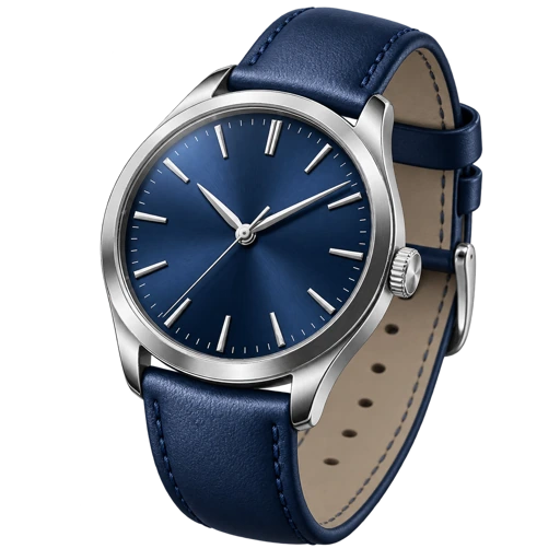 Customizable silver watch with blue strap
