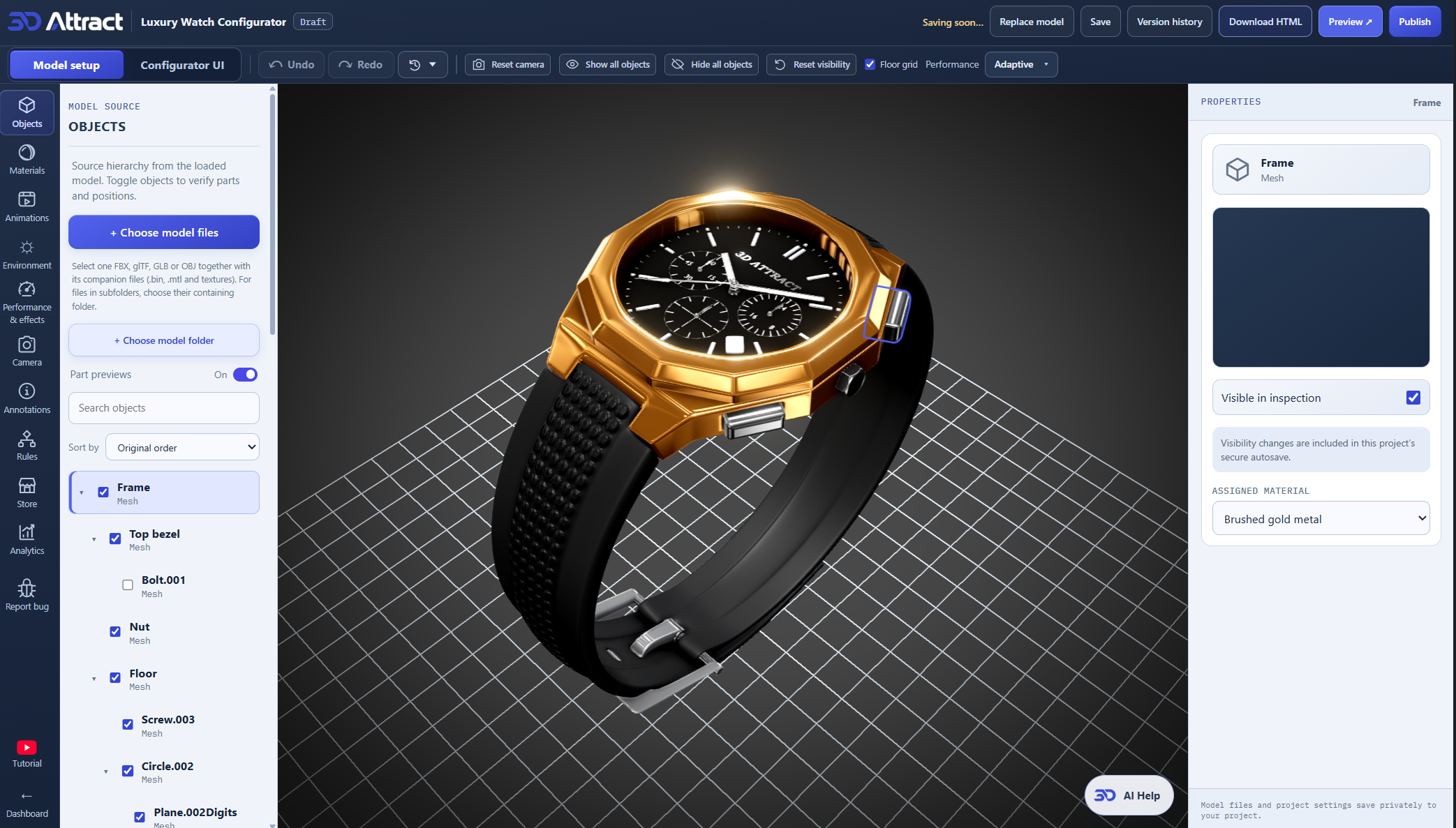 3D Attract Studio with a gold watch model, object hierarchy, materials and model setup controls.