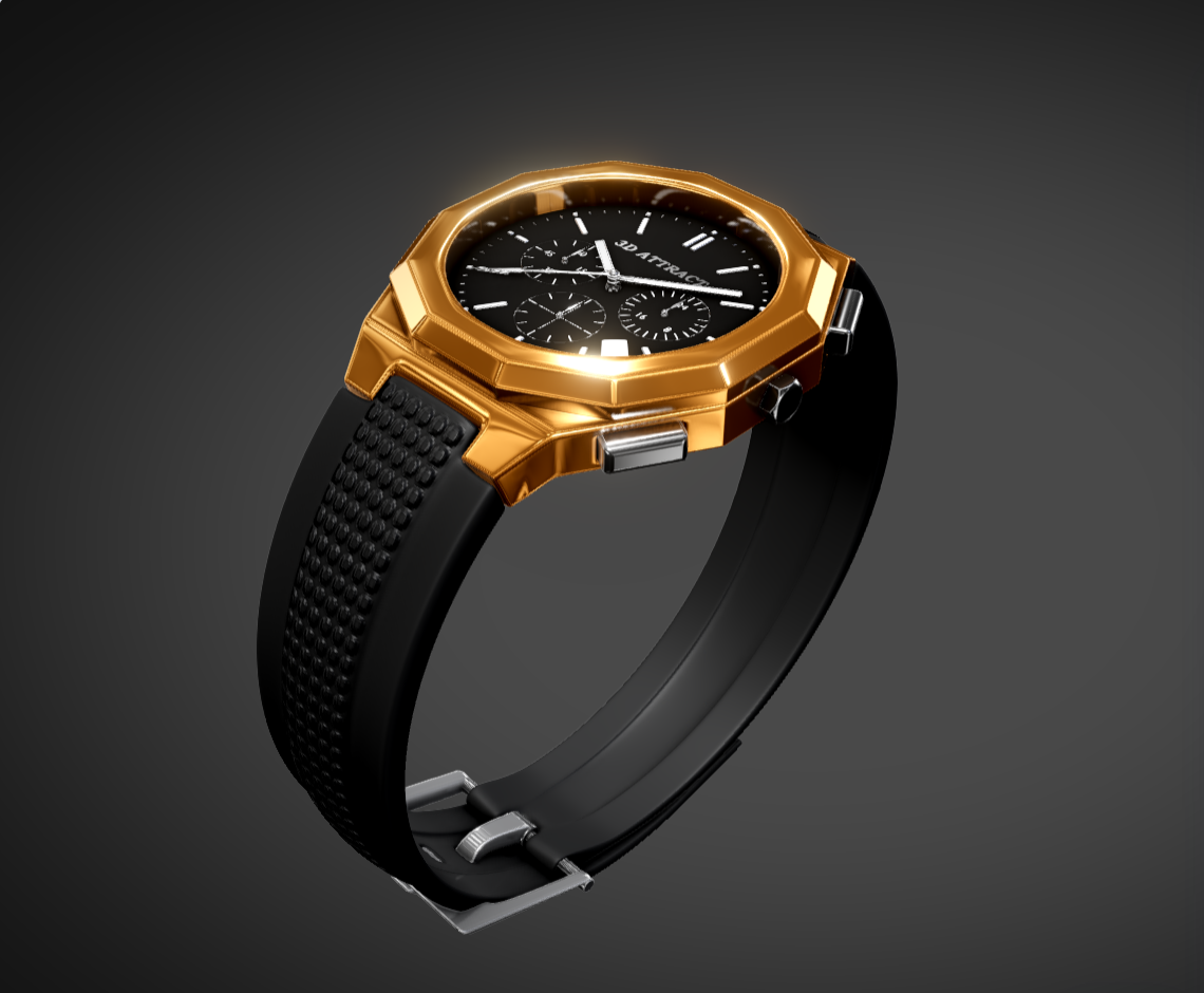 Gold watch on its original dark gray Studio background.